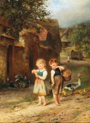 Feeding the Ducks by Anton Dieffenbach Oil Painting