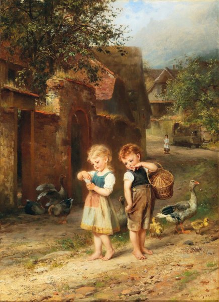 Feeding the Ducks by Anton Dieffenbach - Hand-Painted Oil Painting Reproduction