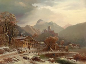 A winter idyll with a view of the Kropfsberg ruins, Tyrol by Anton Doll Oil Painting