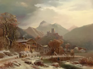 A winter idyll with a view of the Kropfsberg ruins, Tyrol by Anton Doll Oil Painting