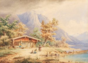 Berghutte am See by Anton Doll Oil Painting