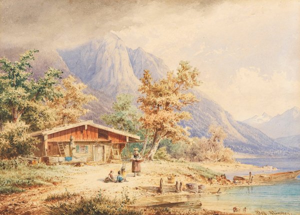 Berghutte am See by Anton Doll - Hand-Painted Oil Painting Reproduction