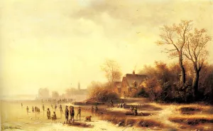 Figures in a Frozen Winter Landscape by Anton Doll Oil Painting