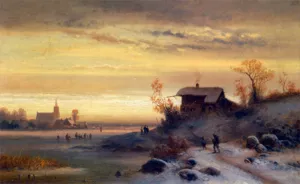 Figures in a Winter Landscape by Anton Doll - Oil Painting Reproduction