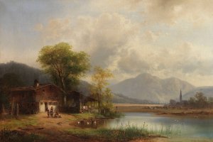 Oberbayerische Landschaft mit Waschhaus am See by Anton Doll Oil Painting