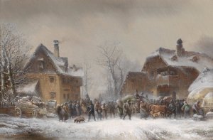 Reges Treiben in einem winterlich verschneiten Dorf by Anton Doll Oil Painting
