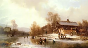 Skaters and Washerwomen in a Frozen Landscape painting by Anton Doll