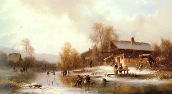 Main Product Photo of Skaters and Washerwomen in a Frozen Landscape Painting by Anton Doll
