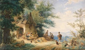 Sommerliche Landschaft mit Bauern bei der Flachsverarbeitung by Anton Doll Oil Painting
