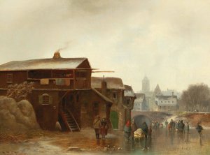 Winter Amusements With A Town In The Background by Anton Doll Oil Painting