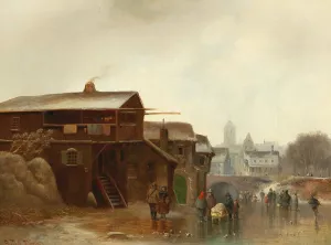 Winter Amusements With A Town In The Background by Anton Doll Oil Painting