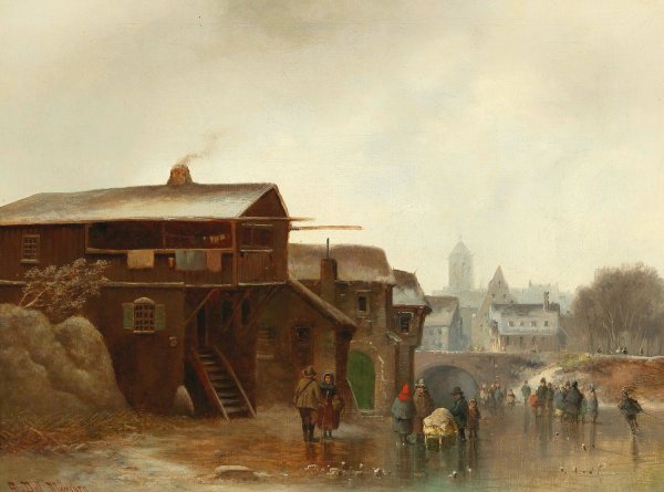 Main Product Photo of Winter Amusements With A Town In The Background Painting by Anton Doll