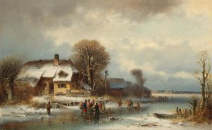 Winter Landscape With Ice Skaters by Anton Doll Oil Painting