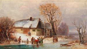 Winterliche Flusslandschaft mit figurlicher Staffage by Anton Doll Oil Painting