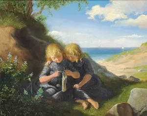 Arbejdsiver. To tvillingepiger siddende i en klit med strikketojet by Anton Dorph Oil Painting