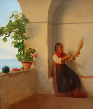 Gammel kone med en ten siddende i en italiensk loggia by Anton Dorph Oil Painting