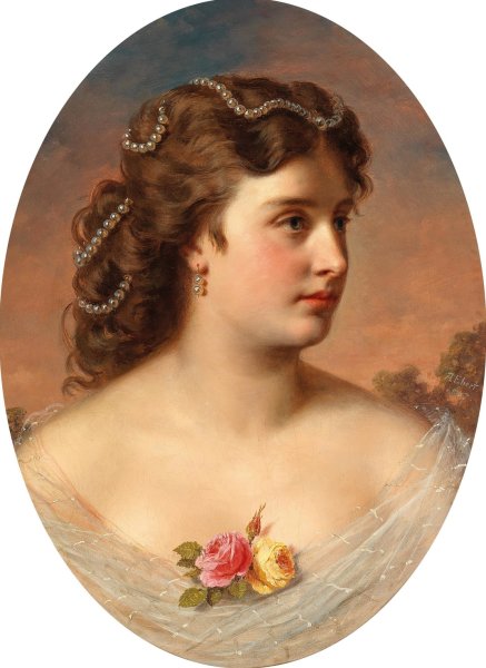 Bildnis einer Dame mit Rosen am Dekollete  by Anton Ebert - Hand-Painted Oil Painting Reproduction