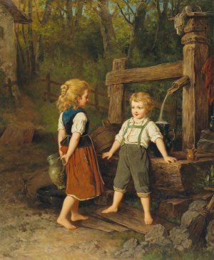 Children at the Well by Anton Ebert Oil Painting
