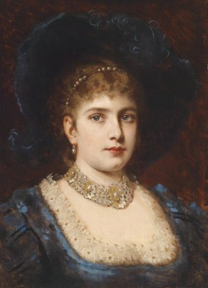 Dame in blauem Kleid mit Hut by Anton Ebert Oil Painting