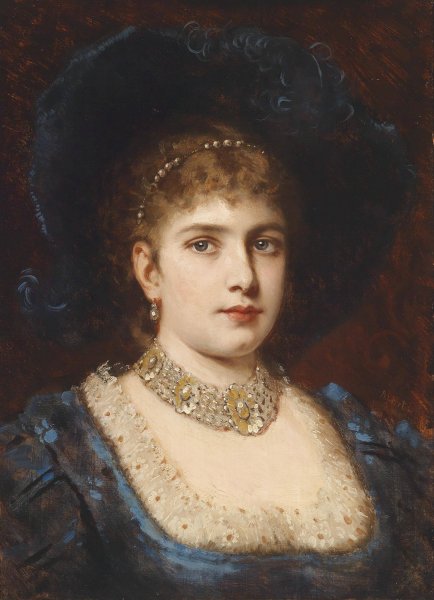 Dame in blauem Kleid mit Hut by Anton Ebert - Hand-Painted Oil Painting Reproduction