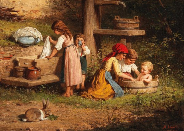 Kinder am Brunnen, ruckseitig alt betitelt by Anton Ebert - Hand-Painted Oil Painting Reproduction
