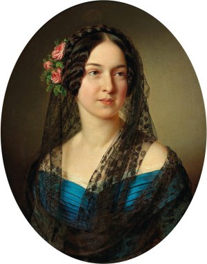 Portrait Of A Lady With Roses In Her Hair by Anton Einsle Oil Painting