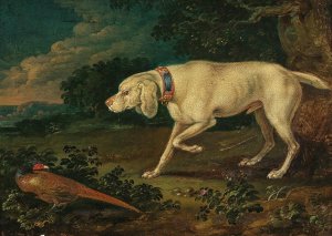 A hunting dog with a pheasant by Anton Enzinger Oil Painting