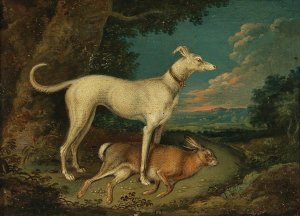 A hunting dog with a rabbit by Anton Enzinger Oil Painting