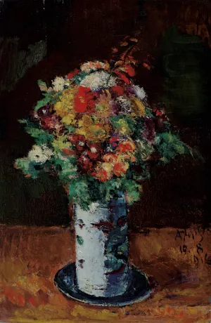 Blumenstraus In Walzenkrug Auf Teller by Anton Faistauer Oil Painting