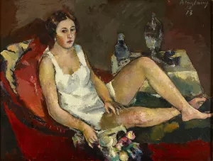 Junge Frau Auf Rotem Sofa by Anton Faistauer Oil Painting