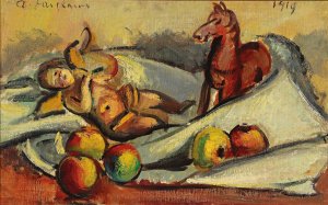 Stillleben mit apfeln, Putto und Pferdchen Oil painting by Anton Faistauer