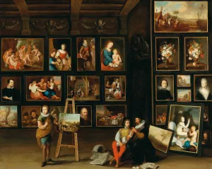 A Picture Gallery With Two Collectors And A Painter At His Easel Oil painting by Anton Franz Hampisch