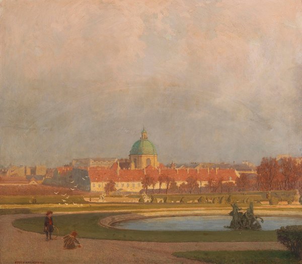 Main Product Photo of Children Playing in the Belvedere Gardens, in the Background the Salesian  Painting by Anton Hans Karlinsky