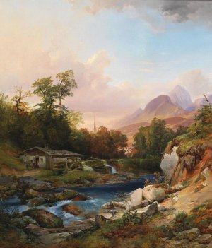 A Mountain Landscape With A Smithy by Anton Hansch Oil Painting