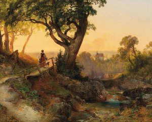 A Scene at Dusk with a View of the Othmarskirche in Modling by Anton Hansch Oil Painting