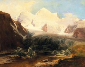 A View Of A Mountain Lake With Snow-Capped Mountains In The Background by Anton Hansch Oil Painting