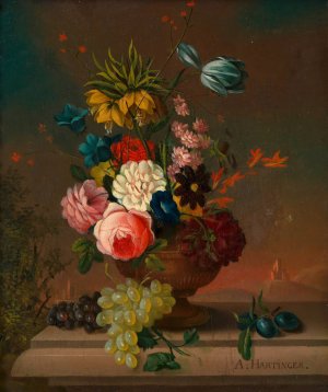 Blumenstillleben mit Obst by Anton Hartinger Oil Painting