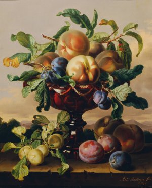Stillleben mit Pfirsichen und Pflaumen in roter Glasschale by Anton Hartinger Oil Painting