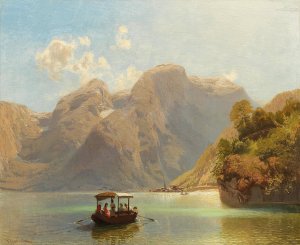 Salzkammergut, a Boat Trip on Lake Hallstattersee, Hallstatt in the Background by Anton Hlavacek Oil Painting
