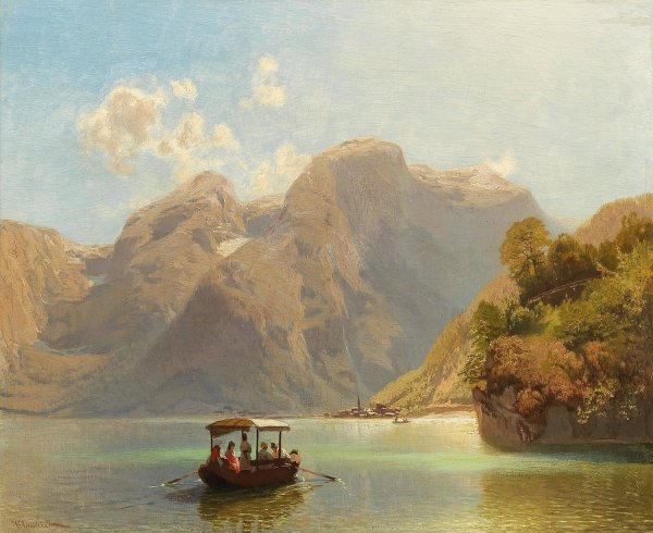 Main Product Photo of Salzkammergut, a Boat Trip on Lake Hallstattersee, Hallstatt in the Background Painting by Anton Hlavacek