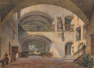 Innenhof eines Klosters mit Schmerzensmann und Durchblick auf eine Burg by Anton Hochl Oil Painting