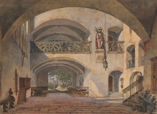 Main Product Photo of Innenhof eines Klosters mit Schmerzensmann und Durchblick auf eine Burg  Painting by Anton Hochl