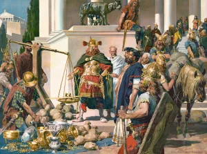 Nordic military men negotiating with Romans over gold, silver bowls and coins Oil painting by Anton Hoffmann