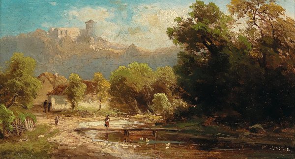 Landscape with Duck Pond and View of a Castle by Anton Hugo Ullik - Hand-Painted Oil Painting Reproduction