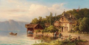 Washerwomen On The Lake Shore by Anton Hugo Ullik Oil Painting