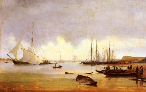 Main Product Photo of Fishing Vessels off a Jetty, Believed to be Costroma Russia Painting by Anton Ivanovich Ivanov
