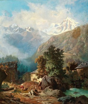 The Family Idyll, in the Background a View of Ortler from Mals by Anton Karinger Oil Painting