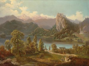 View Of The Castle And Island With St Mary's Church On Lake Bled by Anton Karinger Oil Painting