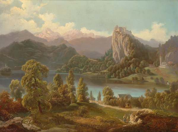Main Product Photo of View Of The Castle And Island With St Mary's Church On Lake Bled Painting by Anton Karinger