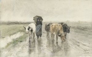 A Herdess with Cows on a Country Road in the Rain by Anton Mauve Oil Painting